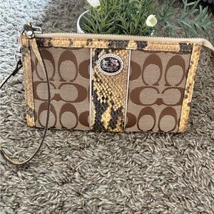 Coach Brown Signature Canvas Wristlet with Yellow Snake-Trim